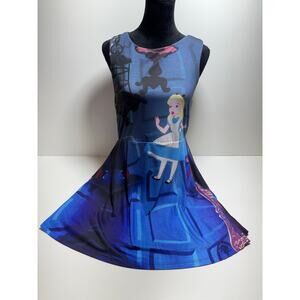 Disney Women’s Sz L Sleeveless Blue Alice In Wonderland Dress 90’s Skater Art